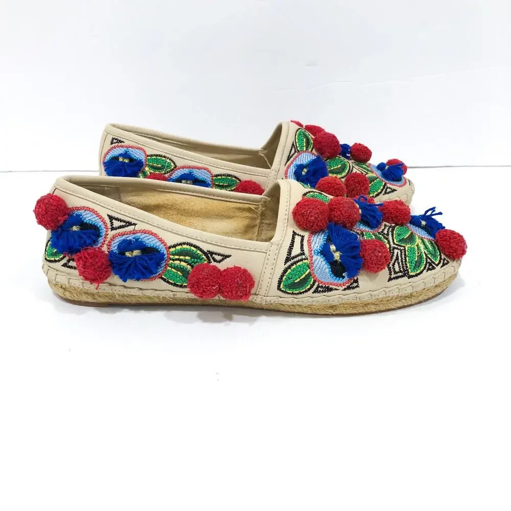 Tory Burch Ellis Pom Pom Embroidered Espadrille Flats